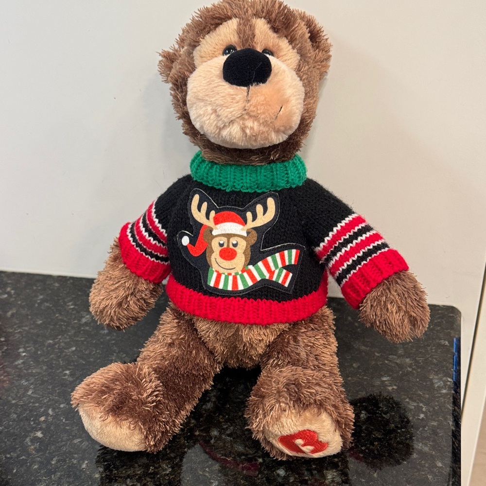 Gund Brown Plush Bear in Festive Black, Red & Green Holiday Sweater. S15”